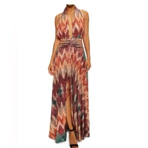 Ramy Brook Multicolor Zigzag Halter Maxi Dress - Rust, Teal, Gold
